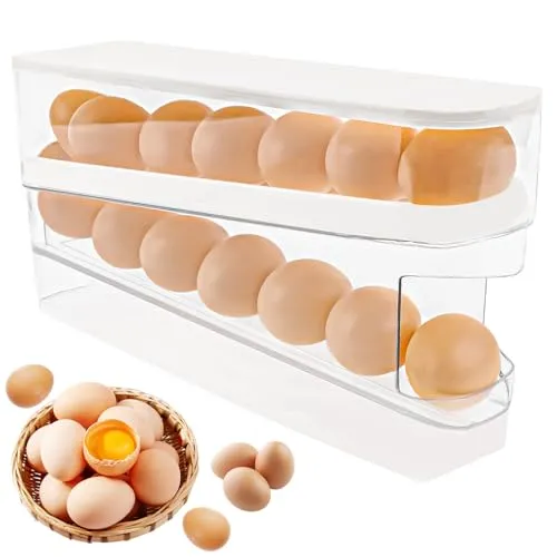 TNEDFOD 2 Ebenen Eierhalter-Kühlschrank, Automatisch Rollender Eierbehälter für Kühlschrank, Egg Dispenser, Eierhalter mit großer Kapazität und transparentem Deckel, für Kühlschrankaufbewahrung Egg