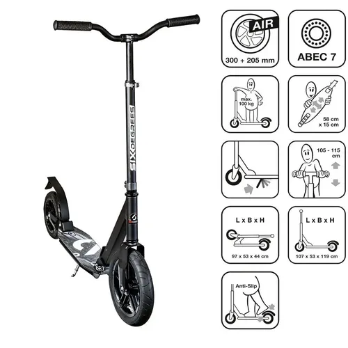 SIX DEGREES Aluminium Scooter All Terrain 300/205 mm schwarz - Robuster All-Terrain Scooter für Kinder und Erwachsene, ideal für jedes Gelände und mit einem geringen Gewicht von nur 6,5 kg.