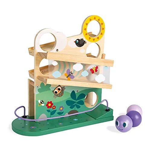 Janod - Wooden Caterpillar Ball Track - Toddler Manipulation and Dexterity Toy - For children from the Age of 1, 08055, Multicolored