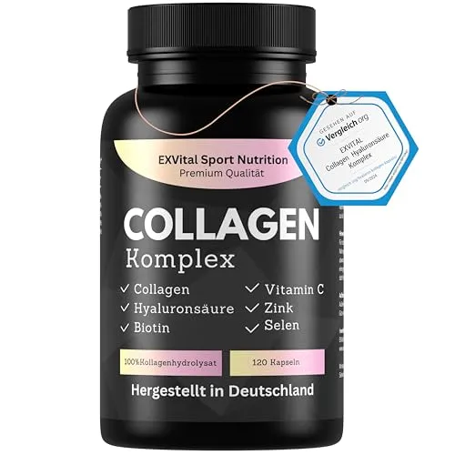 Collagen Hyaluronsäure Komplex, 120 Collagen Kapseln vom Weiderind, angereichert mit Biotin, Vitamin C, B2, Zink & Selen, 1000mg Collagenhydrolysat pro Tag