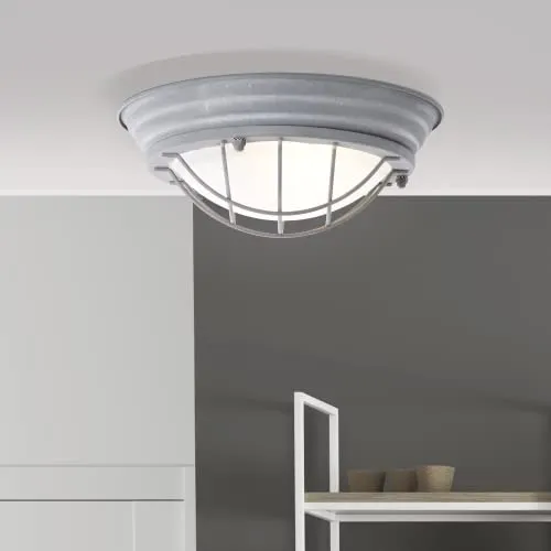 Lightbox Industrial Deckenlampe - Wand- und Deckenleuchte im Vintage Look - rustikale Bootsleuchte mit Glasscheibe - Metall/Glas Grau/Beton - 29cm Durchmesser