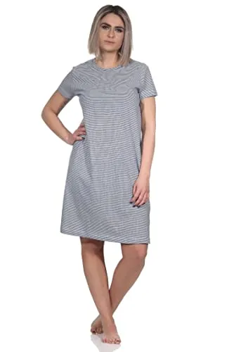 Normann Wunderschönes Damen Kurzarm Nachthemd in feiner Ringeloptik, Farbe:Marine, Größe:44-46