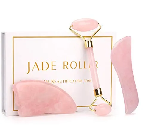 NewL Gesichtsmassage, 3 Stück Royal Jade Roller, Natürlicher Rosenquarz Anti-Aging-Werkzeuge für Gesicht Hals Auge Körper mit Box