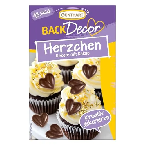 Günthart BackDecor 48 Dekor Herzen aus Kakaohaltige Fettglasur, für deine Kuchen und CupCakes zum Valentinstag, 1er Pack (37 gr)