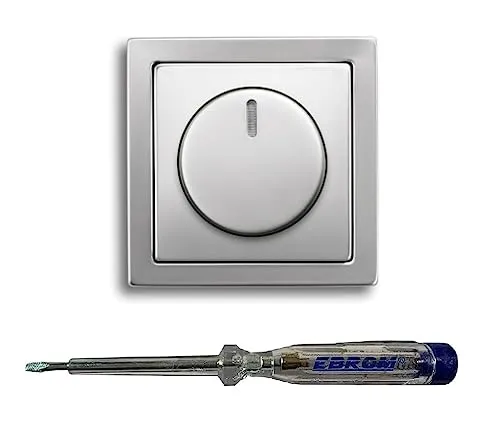 Busch Jäger 6523U-102 LED-Drehdimmer LED-Dimmer mit Dimmerscheibe Zentralplatte 6540-866-102 und Einfachrahmen in PUR Edelstahl inklusive EBROM Phasenprüfer zur Montage des Dimmers