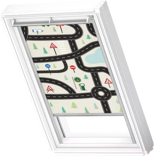 VELUX Verdunkelungsrollo Kids Straßen manuell - Beige Verdunkelungsrollo mit kinderfreundlichem Straßenmotiv, ideal für Schlafzimmer oder Kinderzimmer. Blickdicht und effektiv für eine angenehme Atmosphäre.