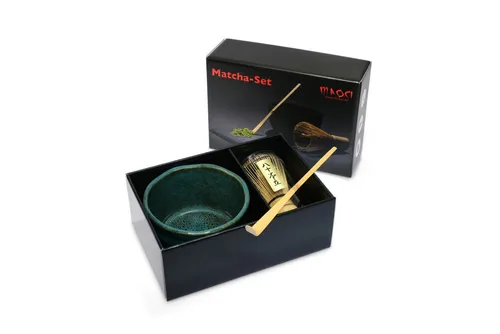 MAOCI Teeschale Matchaset Schale petrol mit Besen und Löffel - Elegantes 3-teiliges Set für Tee und Matcha, inklusive Keramikschale, Besen und Löffel. Perfekt verpackt im Geschenkkarton – ideal für Teeliebhaber und als Geschenk.