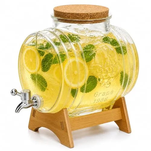 Getränkespender Glas 3L mit Holzständer und Zapfhahn