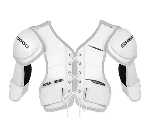 SHER-WOOD - Erwachsenen Schulterschutz 5030 Eishockey Tradition Classic I Hohe Schutzfunktion I anatomisch geformte Schulterklappen I Poly-Verstärkungung am Brustbein, Bizeps & Wirbelsäule - Weiß