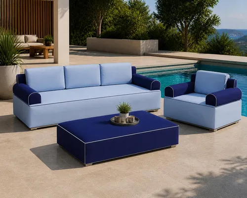 Bequemes modernes Sofa mit Sessel und Couchtisch in Blau - Abteilung: Wohnzimmer, ideal für entspannte Abende. Dieses 3-teiliges Set bietet Komfort und Stil mit abnehmbaren Kissen und robustem Textilmaterial.