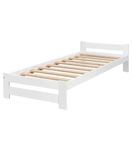 All4All Bettgestell Reko - Massivholz - Holzbett – mit Lattenrost/Rollrost - Bettrahmen - Einzelbett - Hotelbett - Weiß - 90x200cm