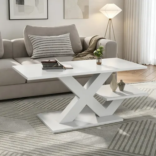 MODFU Rechtecker Couchtisch Weiß mit X-Gestell