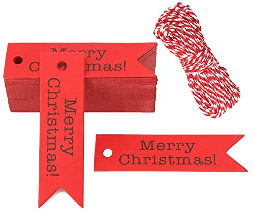 Merry Christmas Geschenk Anhänger, 100 Stück Papieranhänger Tags, 2CM*7CM Schilder Anhänger mit Schnur zum Party DIY Deko