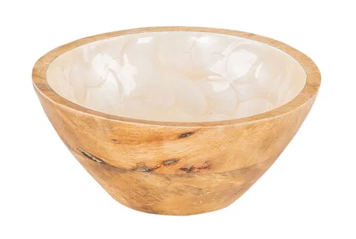 Levandeo® Dekoschale, Schüssel 15cm Mango Holz Creme Perlmutt Emaille Schale Bowl
