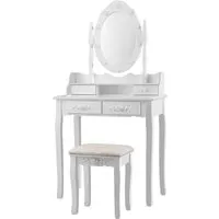 COSTWAY Schminktisch mit drehbarem Spiegel & LED-Beleuchtung - Eleganter Frisiertisch mit 360° drehbarem Spiegel und 10 dimmbaren LED-Lichtern. Bietet viel Stauraum und einen komfortablen Hocker – ideal für jedes Schlafzimmer!
