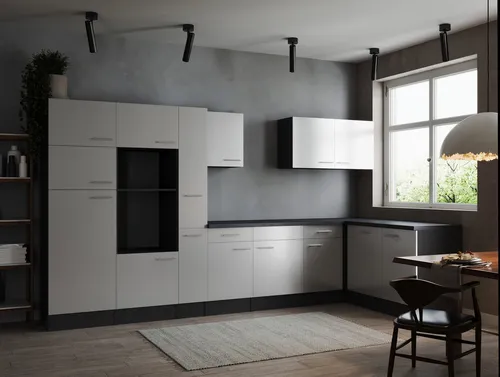 L Küche Leerblock Winkelküche Oliver Grau Matt Weiß 370 x 172 cm - Moderne Winkelküche mit ergonomischer Arbeitshöhe und eleganten Edelstahlgriffen. Flexibel aufbaubar für optimale Raumnutzung, ideal für jede Küche.