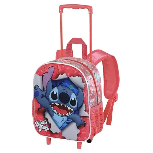 Disney 3D Rucksack mit Rädern für Kinder, Rosa Thing - Schulranzen mit 2 Rädern und geprägter Front, ideal für kleine Abenteurer. Mit einem hohen Teleskopgriff und praktischen Seitentaschen für zusätzlichen Stauraum.