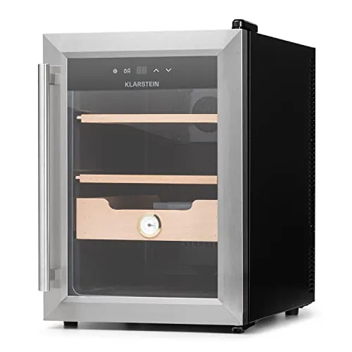 Klarstein El Presidente Zigarren Humidor - thermoelektrischer Humidor Schrank mit Glastür, Humidor Befeuchter mit Einschüben aus Zedernholz, Hygrometer, LED-Innenbeleuchtung, 37 Liter, silber