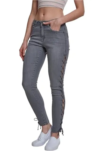 Urban Classics Damen Skinny Jeans mit Schnürung - Damen-Jeanshosen in Grau mit auffälliger seitlicher Schnürung für eine tolle Passform und hohen Tragekomfort. Ideal für modebewusste Frauen!