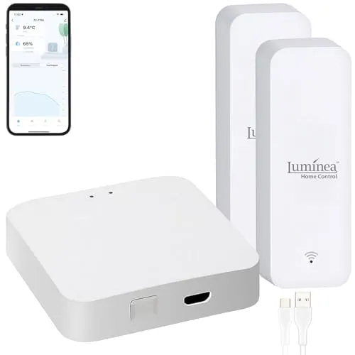 Luminea Home Control Thermometer WLAN App: 2er-Set Temperatur- & Feuchtigkeits-Sensoren + WLAN-Gateway, App (Google Home Thermometer, WiFi Sensor, Luftbefeuchter für Heizung)