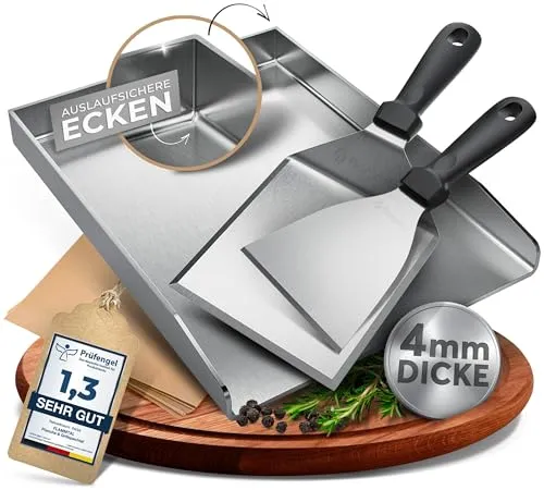 flammtal Grillplatte 40 x 30 cm aus 4mm Edelstahl - Grillplatte für Gas- & Kohlegrills mit auslaufsicheren Ecken für müheloses Grillen und einfache Reinigung. Inklusive 2 Grillspachtel und Burgerpapier für den perfekten Grillabend!