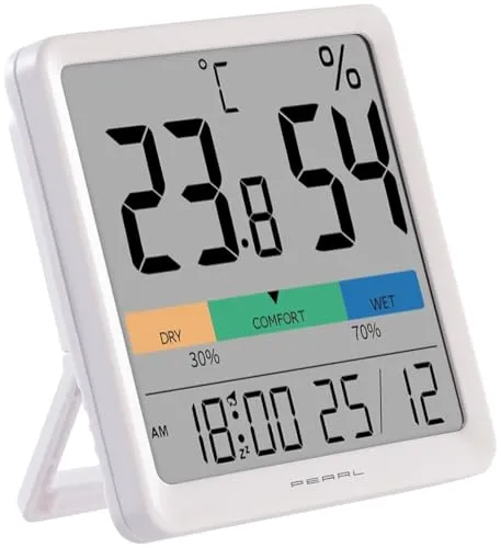 PEARL Thermo- und Hygrometer mit farbiger Komfort-Anzeige, Uhrzeit & Wecker