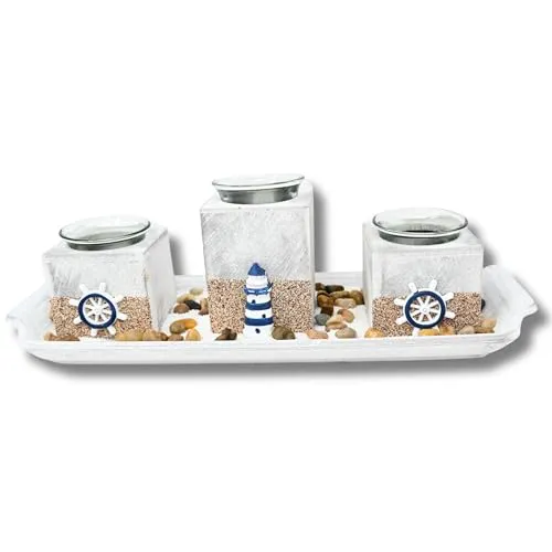 damaloo Maritimes Teelichthalter Set mit Leuchtturm – Maritime Deko Wohnzimmer, Badezimmer & Tischdeko – Teelicht Halter aus Holz mit Steinen – Dekoartikel für Wohnwagen - Kerzenhalter grau