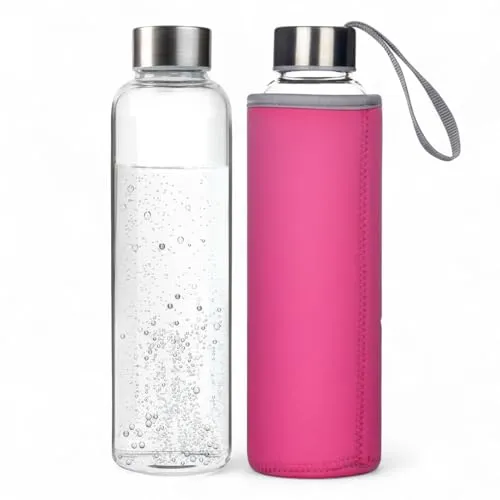 Trinkflasche aus Glas 550ml (Pink) Auslaufsichere Glasflasche aus Borosilikatglas, BPA-frei, kohlensäuregeeignet & spülmaschinenfest, mit Schutzhülle, für heiße & kalte Getränke, Edelstahl Deckel