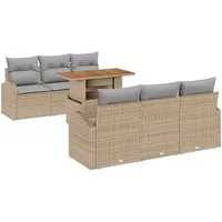 vidaXL Garten-Sofa-Set 7 pcs Beige und Hellgrau - Gartensofa-Set mit Stauraum für Kissen und Gartenutensilien, ideal für entspannte Sommerabende im Freien. Robuste Konstruktion aus Poly-Rattan und Akazienholz für langanhaltenden Komfort und Stil.