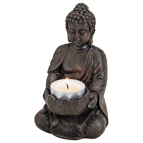 matches21 Entspannte Buddha Deko Figur in braun sitzend - Buddha Figur Garten und Deko Wohnzimmer mit Teelichthalter - Buddha Figur klein 14 cm