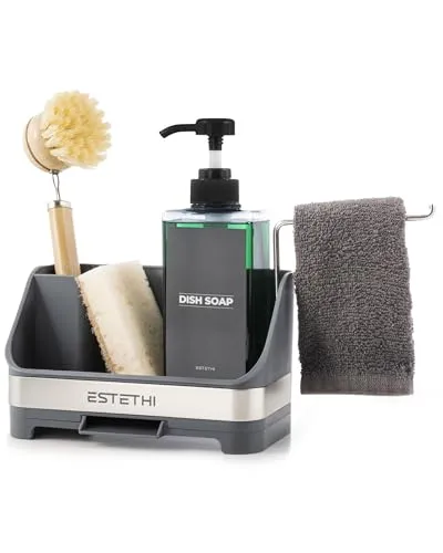 ESTETHI Spülbecken Organizer mit Seifenspender – Grau Spüle Organizer mit Tuchhalter, Schwammhalter, Abtropfschale – Minimalistisches, Platzsparendes Design