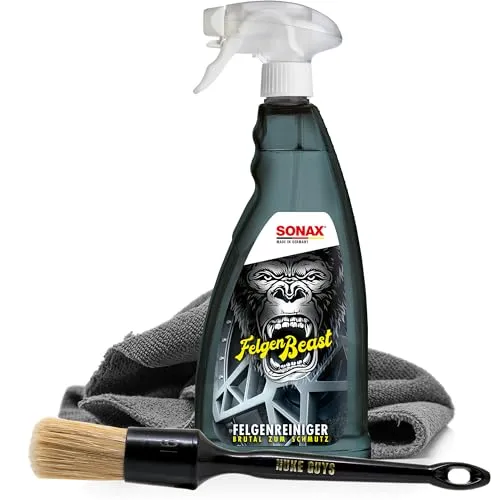 detailmate Felgen Reiniger Set - SONAX FelgenBeast Felgenreiniger 1L + Nuke Guys Reinigungs Pinsel + Allrounder Mikrofasertuch 40x40cm, 380 GSM + Schutzhandschuhe