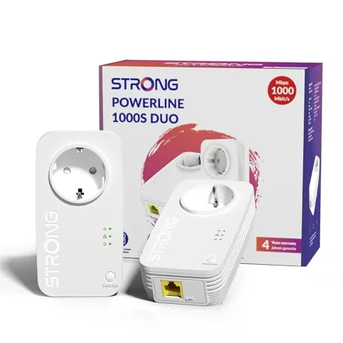 STRONG AV1000 Mbit/s Powerline Adapter Set mit Steckdose, HomePlug AV2 Powerline Ethernet Erweiterung, Gigabit LAN Ports, Plug & Play, Energiesparmodus, ideal für Media Streaming(PL1000S)