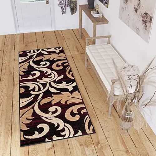 TAPISO Dream Teppich Läufer Meterware Flur Brücke Modern Blumen Floral Braun Schwarz Rot Korridor Wohnzimmer Schlafzimmer ÖKOTEX 90 x 140 cm