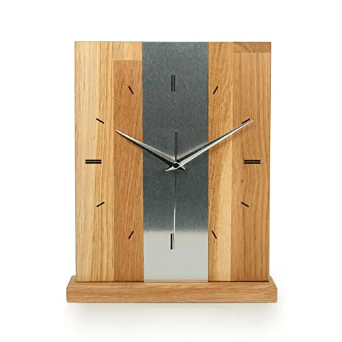 Kreative Feder Designer-STANDUHR Silver Stripe aus MASSIVHOLZ 27x20cm – analoge TISCHUHR ohne Tickgeräusche (Quarzuhrwerk, Eiche)