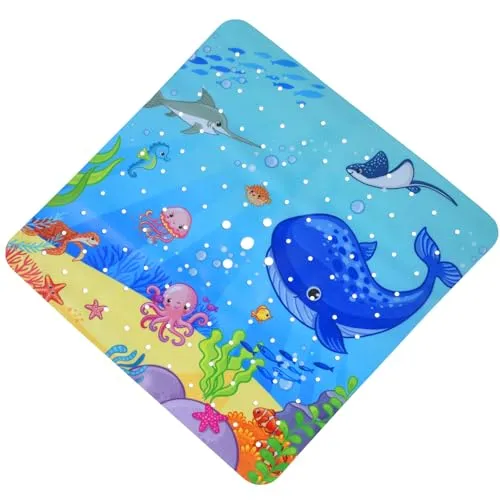OTraki Kinderdusche Duschmatte Kinder 53 x 53 cm, Badewannenmatte rutschfest,Badematte Kinder, mit Abflusslöchern und Saugnäpfen, Maschinenwaschbar, Blau