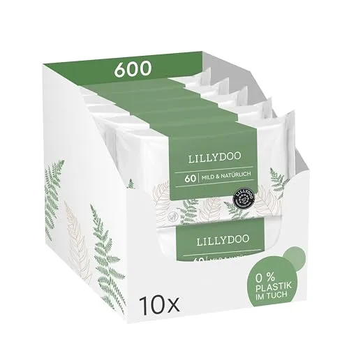 LILLYDOO Feuchttücher Mild & Natürlich, 600 Stück (10 x 60) | 100% plastikfreies, reißfestes Tuch