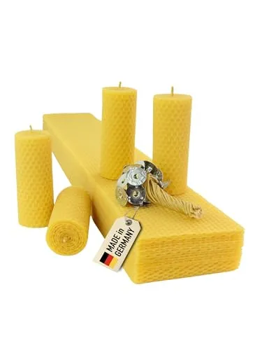 Wachsmann Stumpen Kerzen selber machen, 100% reines Bienenwachs aus Deutschland, Advent & Weihnachten, Bienenwachsplatten 60 x 10 cm, DIY Bastelset Kinder, inkl. Dochte