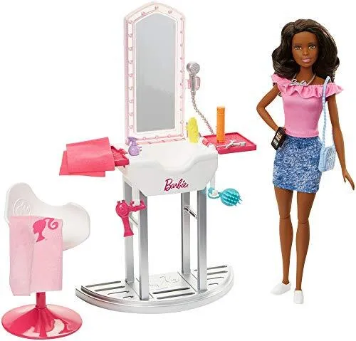Barbie FJB37 Deluxe-Set Möbel Salon und Puppe (Brünett)