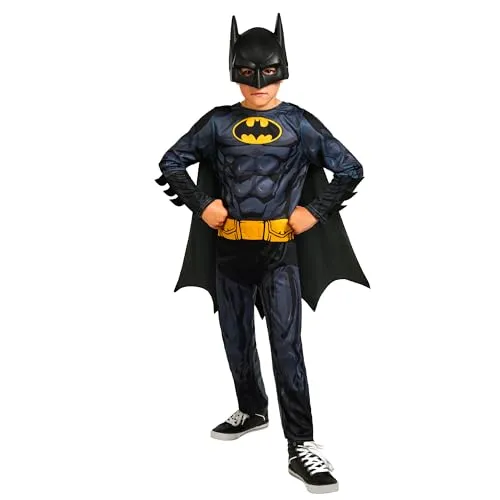 Rubie's Offiziell DC Batman Kinder Kostüm 7-8 Jahre - Vollständiges Batman-Kostüm für Kinder, ideal für Karneval und Halloween, aus strapazierfähigem Polyester, in klassischem Schwarz.