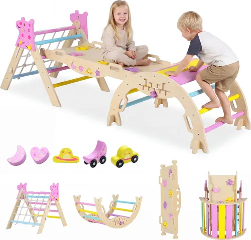 COSTWAY Klettergerüst Indoor 3er Set mit Rutsche und Kletterbogen - 8-in-1 Spielset für Kinder ab 3 Jahren: Klettern, Rutschen, Wippen und mehr! Flexibel kombinierbar, klappbar für einfache Aufbewahrung, aus robustem Holz für sicheres Spielen.