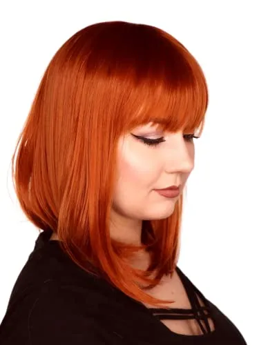 Prettyland Damen Rot-Orange Kupfer-rot Mittellange glatte Matte Natürliche Statikfreie Perücke Bob Pony Wig C945