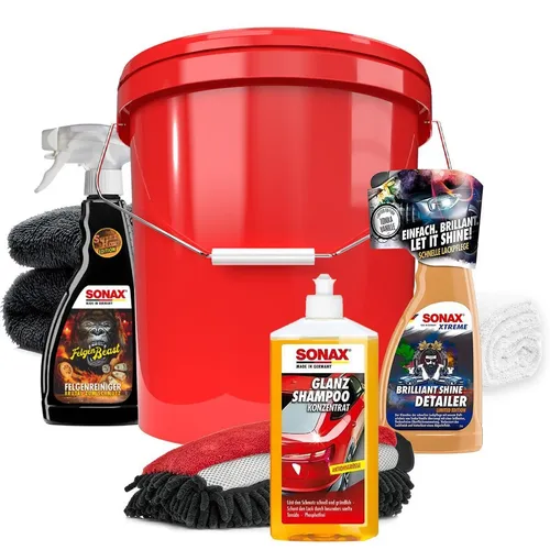 detailmate Sonax GlanzShampoo Waschset #1 - Felgenreiniger und Auto-Reinigungsmittel im Deluxe-Set mit 16L Wascheimer, 500ml GlanzShampoo und speziellen Detailern für perfekten Glanz und Pflege.
