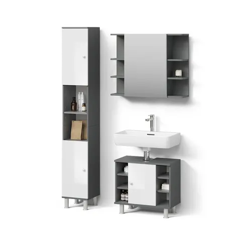 Livinity® Badmöbel-Set Fucino, Anthrazit/Weiß Hochglanz, 3 Teile - Badmöbel-Set mit elegantem Design und praktischen Stauraum, inklusive Hochschrank, ideal für moderne Badezimmer.