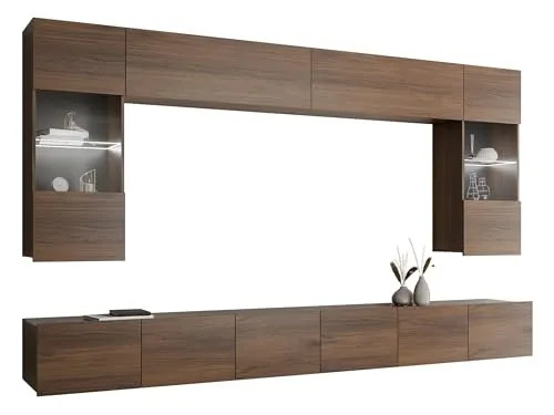 Mirjan24 Moderne Wohnwand Calabrini I mit LED-Beleuchtung - Elegante Anbauwand in Nuss Warmia, ideal für Ihr Wohnzimmer. Mit TV Lowboard, Hängevitrine und Wandregal – perfekt für die stilvolle Präsentation Ihrer Unterhaltungselektronik.