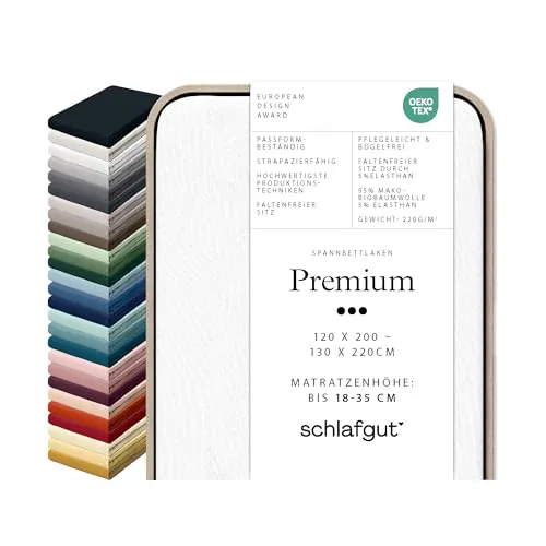 schlafgut Premium Spannbettlaken 95% Mako Bio Baumwolle & 5% Elasthan Made in Green by Oeko TEX (120x200cm bis 130x220cm Matratzenhöhe von 18 bis 35 cm, Off-White)