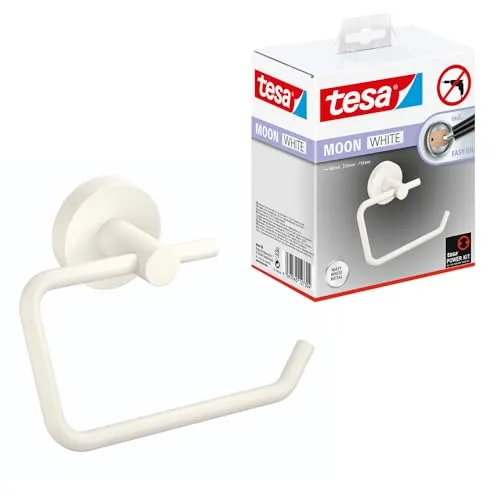 Tesa MOON Weißer Toilettenpapierhalter - Toilettenpapierhalter, selbstklebend und pulverbeschichtet für einfache Montage ohne Bohren, ideal für modernes Bad-Design.