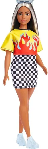 Mattel Barbie HBV13 Fashionistas Puppe langes gesträhntes Haar & Flammen-Croptop
