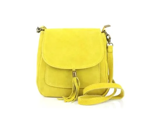Damen Leder Tasche Messenger Bag aus italienischem Wildleder in Gelb - Elegante Schultertasche aus hochwertigem italienischem Wildleder mit modischen Fransen. Ideal für Alltag und Reisen, bietet ausreichend Platz und vielseitige Tragemöglichkeiten.