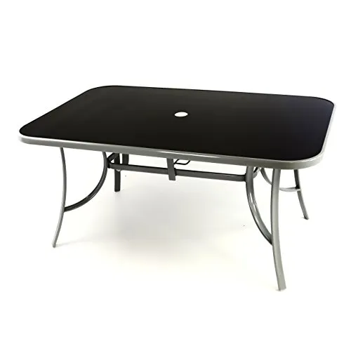 Nexos Gartentisch 150 cm - Eleganter Esstisch mit Schirmloch - Esstisch mit schwarzer Glasplatte, 150 x 96 cm, stabiler Stahlrahmen und Schirmloch für angenehmen Schatten. Ideal für Garten, Terrasse oder Balkon.